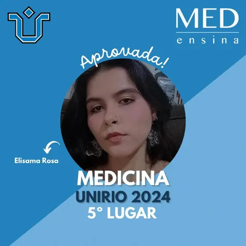 Cartaz do MedEnsina com a foto de Elisama Rosa, aprovada em medicina na UNIRIO em 2024, 5º lugar.